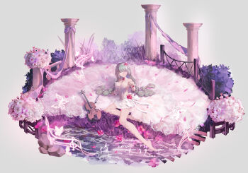 1girl absurdres alternate_costume artist_name bare_shoulders barefoot braid breasts bug butterfly chinese_commentary commentary_request dress grey_background grey_eyes grey_hair hand_up high-low_dress highres insect instrument jewelry long_dress long_hair looking_at_viewer low_twin_braids medium_breasts one_eye_covered phrolova_(wuthering_waves) qingxi_emoji ring simple_background sitting solo twin_braids variant_set violin white_butterfly white_dress wuthering_waves yokozuwari