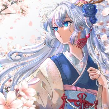 Rule 34 | 1girl, blue eyes, blue hair, cherry blossoms, clothing request, commentary request, commission, double-parted bangs, flower, hair between eyes, hair flower, hair ornament, highres, japanese clothes, kimono, kura matsuko, long eyelashes, long hair, original, parted lips, petals, signature, solo