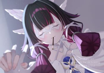 2girls black_hair blush closed_eyes closed_mouth columbina_(genshin_impact) commentary_request dress eye_mask facing_viewer female_pov food food_in_mouth genshin_impact gloves hair_ribbon head_wings highres holding_hands incoming_pocky_kiss interlocked_fingers mask multicolored_hair multiple_girls multiple_wings pink_hair pocky pocky_day pocky_in_mouth pov ribbon rinmel9 sandrone_(genshin_impact) sidelocks solo_focus twitter_username two-tone_hair watermark white_dress white_gloves white_ribbon white_wings wings yuri