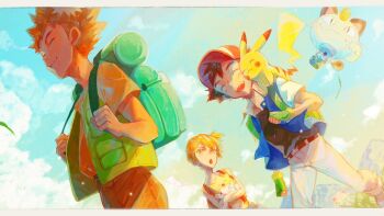 Rule 34 | 1girl, 2boys, ash ketchum, asymmetrical hair, backpack, bag, baseball cap, belt, belt buckle, black hair, black shirt, blonde hair, blue jacket, bottle, brock (pokemon), brown belt, brown hair, buckle, closed eyes, closed mouth, cloud, creature, crossed arms, day, fingerless gloves, gen 1 pokemon, gen 2 pokemon, gloves, grass, green bag, green gloves, green vest, hat, highres, holding, holding bottle, holding creature, holding pokemon, holding strap, jacket, james (pokemon), jessie (pokemon), jigglypuff, landscape, meowth, misty (pokemon), multiple boys, nintendo, on shoulder, one eye closed, open clothes, open jacket, open mouth, orange hair, outdoors, pants, pikachu, pokemon, pokemon (anime), pokemon (classic anime), pokemon (creature), pokemon on shoulder, pokemon rgby, ponytail, shirt, shoes, short hair, short sleeves, shorts, side ponytail, sky, sleeveless, sleeveless jacket, smile, spiked hair, standing, t-shirt, team rocket, teeth, togepi, tongue, upper teeth only, vest, yellow shirt