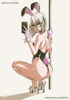 1boy albino animal_ear_hairband animal_ears artist_self-insert ass bare_shoulders black_choker black_leotard black_pantyhose brown_eyes choker commentary crossdressing crossdressing_(mtf) english_commentary eyeshadow fake_animal_ears fake_tail fishnet_pantyhose fishnets flou-sona_(flou) flou_(flou_art) full_body glasses gloves grey_eyeshadow grey_hair hair_between_eyes hairband high_heels highleg highleg_leotard highres holding holding_phone holding_pole leotard lips makeup male_focus male_playboy_bunny medium_hair mole mole_under_mouth original pantyhose patreon_username phone pink_gloves pink_tail pink_wrist_cuffs platform_heels platform_mules playboy_bunny pole rabbit_ear_hairband rabbit_ears rabbit_tail simple_background solo squatting strapless strapless_leotard stripper_pole tail taking_picture thighs toes trap white_background wrist_cuffs