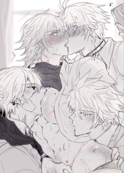 4boys abs antenna_hair bandaid bandaid_on_face between_pectorals black_choker blush braid chest_tattoo choker clothes_lift collared_shirt commentary_request facial_tattoo flame_reaver_of_the_deepest_dark greyscale hand_on_another's_ass highres honkai:_star_rail honkai_(series) kiss large_pectorals male_focus meshiau79187 monochrome multiple_boys multiple_persona muscular muscular_male mydei_(honkai:_star_rail) neck_tattoo open_clothes open_shirt pectorals phainon_(honkai:_star_rail) phainon_(khaslana)_(honkai:_star_rail) red_tattoo saliva scar scar_on_face shirt shirt_lift short_hair side_braid spot_color sun_symbol sun_tattoo tan tattoo white_shirt yaoi