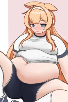 1girl animal_ear_fluff animal_ears belly blue_archive blue_eyes blue_shoes blue_shorts blush embarrassed fat fat_woman full-face_blush gym_shirt gym_shorts gym_uniform headband long_hair mari_(blue_archive) mari_(track)_(blue_archive) midriff open_mouth orange_hair pink_background shirt shoes short_shorts shorts sidelocks sitting socks solo spread_legs sweat t-shirt tight_clothes tight_shirt wawawaltz white_headband white_shirt white_socks