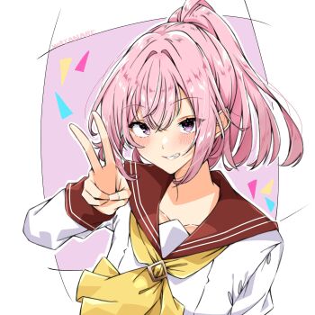 Rule 34 | 1girl, amaori haruna, blush, border, brown sailor collar, collarbone, commentary request, copyright name, grin, high ponytail, highres, kitsunan, looking at viewer, medium hair, neckerchief, outside border, pink background, pink hair, ponytail, purple eyes, sailor collar, school uniform, serafuku, shirt, smile, solo, upper body, watashi ga koibito ni nareru wake naijan murimuri!, white border, white shirt, yellow neckerchief