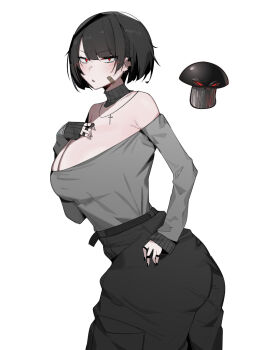 1girl angry ass bandaid bandaid_on_cheek bandaid_on_face bare_shoulders belt black_hair black_nails black_pants blush breasts cleavage creature_and_personification cross cross_necklace doom-shroom_(plants_vs._zombies) dr_octojuice earrings grey_lips highres jewelry large_breasts long_sleeves looking_at_viewer multiple_rings mushroom nail_polish necklace pants personification plants_vs._zombies red_eyes ring short_hair simple_background white_background