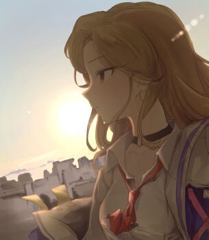 1girl absurdres black_choker blonde_hair breasts choker city closed_mouth commentary_request earrings ein_(nikke) goddess_of_victory:_nikke highres hoop_earrings jewelry lens_flare long_hair looking_to_the_side loose_necktie medium_breasts nagi412 necktie o-ring o-ring_choker off_shoulder partial_commentary profile red_eyes red_necktie school_uniform shirt sky solo sunset upper_body white_shirt