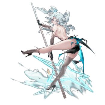 1girl artist_self-insert ass back bare_shoulders black_gloves black_shoes blue_eyes breasts dress elbow_gloves from_behind full_body girls'_frontline gloves grin hair_between_eyes hair_ornament heart heart-shaped_pupils high_heels highres holding holding_pole legs long_hair looking_at_viewer looking_back medium_breasts official_alternate_costume official_art pa-15_(girls'_frontline) pa-15_(light-treading_night)_(girls'_frontline) pole pole_dancing see-through_clothes see-through_dress see-through_gloves see-through_thighhighs shanyao_jiang_tororo shoes simple_background skindentation smile solo standing star_(symbol) symbol-shaped_pupils thighhighs thighs third-party_source torn_clothes torn_dress torn_gloves torn_thighhighs transparent_background