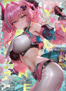 1girl absurdres arknights arknights:_endfield black_horns blue_hair breasts closed_mouth commentary detached_sleeves diamond_in_eye dragon_girl dragon_horns dragon_tail from_side gloves grey_pants hair_intakes hair_on_horn highres horns large_breasts long_hair looking_at_viewer midriff multicolored_hair multicolored_horns navel nekoya_(nekodayo_22) pants pink_gloves pink_hair pink_horns pink_sleeves purple_eyes solo stomach streaked_hair tail two-sided_gloves two-tone_horns yvonne_(arknights)