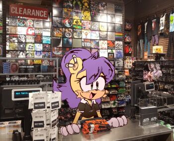 1girl alternate_costume animal_ears animal_nose black_shirt blouse blush body_fur buttons cashier collared_shirt crop_top earrings english_text female_focus flat_chest furry furry_female gloves green_eyes happy highres hot_topic indoors jewelry light_blush long_hair mina_mongoose multiple_earrings open_mouth orange_fur photo_background ponytail purple_hair shirt short_sleeves side_slit sketch smile solo sonic_(series) stellarspin two-tone_fur upper_body white_gloves yellow_fur