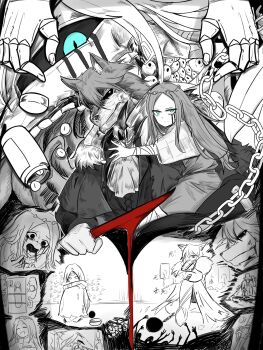 1boy 1girl ball_and_chain_restraint black_souls black_souls_2 blood blood_from_mouth bloody_knife bloody_tears blue_eyes chain edith_(black_souls) greyscale highres jack_(black_souls) knife monochrome operating_table pill pill_bottle spot_color table tally tierbis