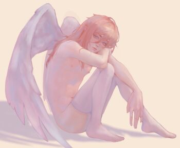 1boy angel angel_devil_(chainsaw_man) angel_wings arm_on_knee artem_jpg chainsaw_man full_body hashtag-only_commentary knees_up long_hair looking_at_viewer male_focus navel nipples no_halo nude red_eyes shadow sitting solo thighhighs thighs white_thighhighs white_wings wings