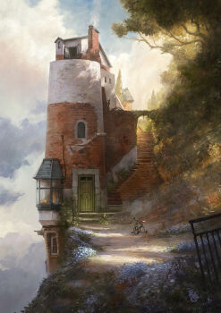 absurdres ag+_(atelieriji) arch architecture brick building chimney cliff cloud commentary_request day door flower highres house light_rays no_humans open_window original outdoors railing scenery sky smoke stairs tree tricycle window