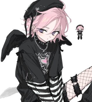 1boy averting_eyes black_hat black_shirt black_shorts black_wings chain chain_necklace chibi chibi_inset collar e-kid_fashion earrings ensemble_stars! fake_wings fishnets hat highres jewelry layered_sleeves male_focus necklace oukawa_kohaku pink_hair print_shirt purple_eyes shirt short_hair shorts simple_background solo spiked_collar spikes striped_clothes striped_shirt thigh_strap white_background wings yagy