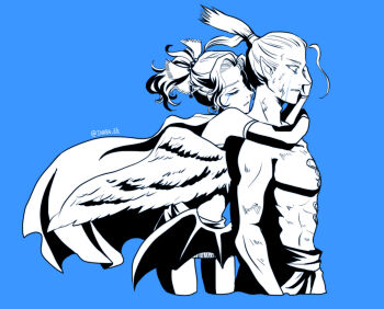 1boy 1girl bare_shoulders blue_background cape cefca_palazzo closed_eyes cropped_legs detached_sleeves dirty dirty_face dress final_fantasy final_fantasy_vi hair_bobbles hair_ornament hair_ribbon inaba_tomoe monochrome parted_bangs pointy_ears ponytail ribbon sash short_dress tears tina_branford topless_male twintails waist_sash wide-eyed