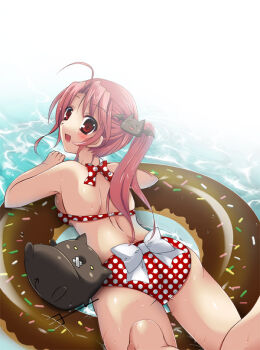1girl ahoge ass back bikini blush breasts comiket_78 commentary_request creature crossed_bandaids demon deviruchi donut_innertube feet_out_of_frame high_ponytail innertube long_hair looking_at_viewer medium_breasts open_mouth pink_hair polka_dot polka_dot_bikini ponytail ragnarok_online red_bikini red_eyes sakura_yuu_(sakurairo) smile solo swimsuit water