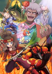 1boy 3girls absurdres antenna_hair armor blue_eyes breastplate brown_hair buzzwole celesteela commentary_request cosplay costume_switch diancie diantha_(pokemon) diantha_(pokemon)_(cosplay) diantha_(special_costume)_(pokemon) eyelashes gen_5_pokemon gen_6_pokemon gen_7_pokemon grey_hair guzma_(pokemon) guzma_(pokemon)_(cosplay) guzma_(special_costume)_(pokemon) hair_ornament hand_up hands_up hat headband high_ponytail highres hilda_(pokemon) hilda_(pokemon)_(cosplay) hilda_(special_costume)_(pokemon) holding jasmine_(pokemon) jasmine_(pokemon)_(cosplay) jasmine_(special_costume)_(pokemon) keldeo legendary_pokemon multiple_girls mythical_pokemon nintendo official_alternate_costume open_mouth own_hands_together pants pink_headwear pokemoa pokemon pokemon_masters_ex ponytail red_headband red_pants short_hair sidelocks smile teeth tongue ultra_beast upper_teeth_only