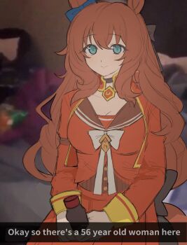 1girl animal_ears blue_eyes blush bottle bow breasts brown_hair brown_sailor_collar choker cleavage closed_mouth cropped_jacket ear_bow fake_screenshot green_eyes hair_between_eyes highres holding holding_bottle horse_ears horse_girl horse_tail jacket large_breasts long_hair long_sleeves looking_at_viewer maruzensky_(formula_r)_(umamusume) maruzensky_(umamusume) operajoshi red_jacket red_serafuku red_shirt red_skirt sailor_collar school_uniform serafuku shirt skirt smile snapchat solo tail umamusume