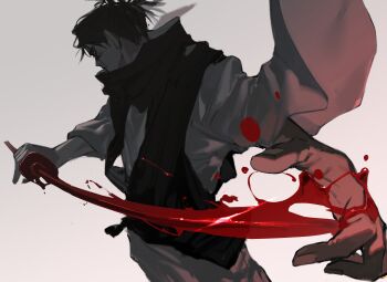 1boy absurdres black_hair blood blood_sword choso_(jujutsu_kaisen) facial_mark highres holding holding_sword holding_weapon jujutsu_kaisen ma0ma0_0 male_focus purple_shirt scar scar_on_face shirt sword weapon white_shirt