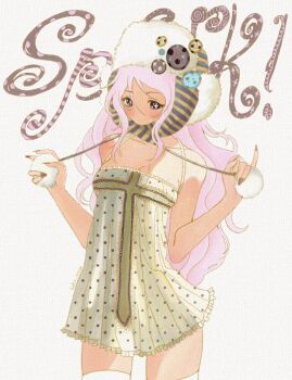 1girl aiyuni babydoll beanie black_eyes black_nails breasts calligraphy cleavage colored_lineart cowboy_shot cross cross_print dress earflap_beanie english_text fashion fingernails frilled_dress frills hair_between_eyes hat highres holding holding_pom_poms large_buttons long_fingernails long_hair looking_at_viewer medium_breasts no_mouth no_nose original paper_texture pink_hair polka_dot polka_dot_dress pom_pom_(cheerleading) pom_pom_(clothes) pom_poms spaghetti_strap sparkling_eyes striped_hat swept_bangs tan thighhighs twitter_username two-tone_hat ushanka vertical-striped_hat w_arms wavy_hair white_babydoll white_background white_thighhighs