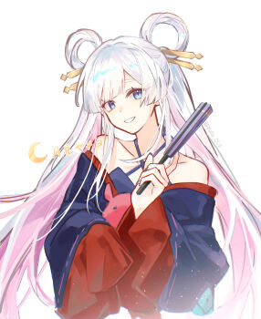 1girl absurdres bare_shoulders blue_eyes chinese_commentary cho_kaguya-hime! commentary_request hair_ornament hair_rings hair_stick hand_fan highres holding holding_fan japanese_clothes lanmei_nai_fu_ye long_hair long_sleeves looking_at_viewer multicolored_hair pink_hair runami_yachiyo smile solo two-tone_hair upper_body white_background white_hair
