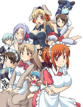 Rule 34 | 6+girls, animal ears, arms up, astaroth (shinrabanshou), bad id, bad pixiv id, black sclera, blue hair, blue skin, breast hold, breasts, brown eyes, brown hair, chikoi, cleavage, colored sclera, colored skin, daiginjou, earrings, futaba channel, garter belt, glasses, heart, heart earrings, hinemosu notari, horns, jewelry, kiri-san, kudoi, lace, large breasts, long hair, maid, medium breasts, medoi, mini person, minigirl, modoi (nijiura maids), multiple girls, nijiura maids, o/, orange hair, outstretched arms, purple eyes, purple hair, rabbit ears, red eyes, shinrabanshou, short hair, smile, thighhighs, yamada-san, yami yuki, yellow eyes