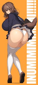 Rule 34 | 1girl, absurdres, animal ears, ass, back, bag, breasts, brown eyes, brown hair, commentary request, dog ears, dog girl, dog tail, hair between eyes, highres, huge ass, huge breasts, loafers, looking back, makino momiji (artist), original, panties, sailor collar, school bag, school uniform, serafuku, shoes, skirt, solo, sweatdrop, tail, thighhighs, thighs, underwear, upskirt, white panties, white thighhighs