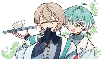 Rule 34 | 2boys, :d, ^ ^, ahoge, aqua hair, blonde hair, blush, buttons, closed eyes, coat, cup, earrings, facing viewer, floating earrings, gloves, grey eyes, hair between eyes, hand to own mouth, heterochromia, highres, holding, holding tray, idolish7, isumi haruka, jewelry, lapels, layered sleeves, long sleeves, looking at viewer, low ponytail, multicolored hair, multiple boys, nanman, natsume minami, notched lapels, official alternate costume, official alternate hairstyle, open mouth, ponytail, shirt, short hair, short ponytail, simple background, smile, streaked hair, tray, turtleneck, upper body, white coat, white streaks, yellow eyes