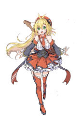 1girl absurdres ajishio antenna_hair beads black_shirt black_sleeves blonde_hair commentary detached_sleeves female_focus framed_breasts frilled_skirt frills full_body garter_belt guitar hair_beads hair_ornament hat highres instrument instrument_on_back long_hair looking_at_viewer open_mouth petticoat red_hat red_skirt red_thighhighs shirt skirt smile solo thighhighs tsurumaki_maki voiceroid white_background