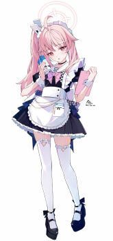 1girl absurdres ahoge alternate_costume apron black_choker blue_archive choker clipboard enmaided frilled_apron frills full_body halo highres holding holding_carton holding_clipboard holding_milk_carton long_hair maid milk_carton natsu_(blue_archive) nekomochi open_mouth pink_hair pink_halo red_eyes side_ponytail solo thighhighs white_apron white_background white_thighhighs white_wrist_cuffs wrist_cuffs