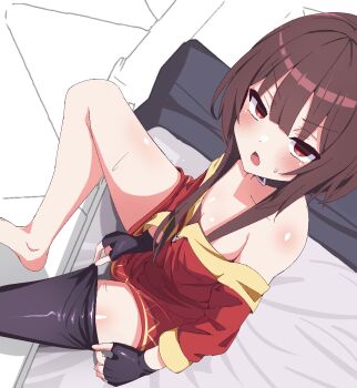 1girl annoyed bare_shoulders bed black_dress black_gloves black_thighhighs blush breasts brown_hair dress dressing embarrassed empty_eyes female_focus fingerless_gloves foot_out_of_frame from_above from_side gloves hatenamaru highres kono_subarashii_sekai_ni_shukufuku_wo! loli long_sleeves looking_at_viewer looking_to_the_side looking_up megumin off-shoulder_dress off_shoulder on_bed open_mouth petite pov red_dress red_eyes short_hair_with_long_locks sidelocks single_bare_leg sitting small_breasts solo spread_legs thighhighs two-tone_dress yellow_dress