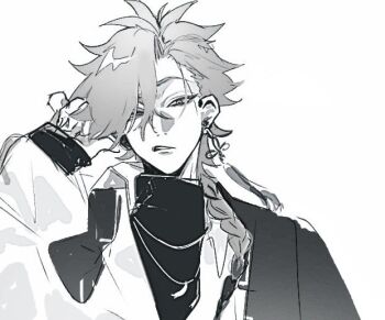 1boy bishounen braid braided_ponytail coat coat_on_shoulders collared_shirt earrings greyscale hair_between_eyes hair_over_one_eye hand_up jacket jewelry lio0oil_0 long_hair long_sleeves looking_at_viewer male_focus monochrome necklace parted_lips shiguang_dailiren shirt simple_background single_braid single_earring sketch sleeves_past_wrists solo tassel tassel_earrings turtleneck undershirt upper_body white_background xiao_weiying