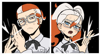 1boy 1girl :&lt; black_bow black_bowtie blue_eyes bow bowtie colored_tips glasses griselle_(pokemon) grisham_(pokemon) hair_pulled_back highres jewelry looking_at_viewer multicolored_hair nintendo open_mouth orange_hair pokemon pokemon_legends:_z-a ponytail portrait red_eyes ring sach56000 short_ponytail slit_pupils split_ponytail striped_blush sweat sweatdrop two-tone_hair white-framed_eyewear white_hair