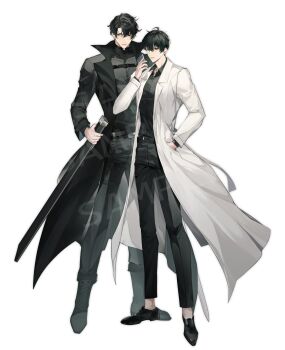 2boys black_coat black_eyes black_hair black_shirt chest_belt coat collared_shirt full_body hand_in_pocket highres holding holding_phone holding_sheath kim_dokja kyou_tayaoi looking_at_viewer looking_to_the_side male_focus multiple_boys omniscient_reader&#039;s_viewpoint open_clothes open_coat phone popped_collar scabbard sheath shirt short_hair smirk standing white_coat yoo_joonghyuk