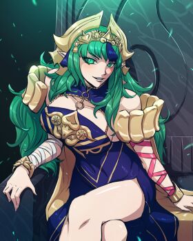 1girl arm_wrap bare_shoulders blue_dress breasts bugyakis clothing_cutout commentary dress english_commentary fire_emblem fire_emblem:_fortune's_weave gold_trim green_eyes green_hair highres large_breasts leaning_forward light_blush long_hair looking_at_viewer mature_female nintendo pointy_ears pointy_nose sitting sitting_on_throne solo sothis_(adult)_(fire_emblem) sothis_(fire_emblem) tassel throne tiara