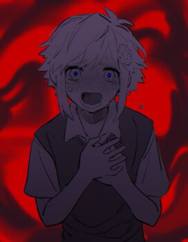 1boy antenna_hair bare_arms basil_(faraway)_(omori) basil_(omori) blue_pupils chromatic_aberration collared_shirt commentary crying crying_with_eyes_open english_commentary flipped_hair flower greyscale greyscale_with_colored_background hair_between_eyes hair_flower hair_ornament hands_on_own_chest hands_up hatching_(texture) highres looking_at_viewer lower_teeth_only male_focus monochrome omori open_mouth own_hands_together raised_inner_eyebrows red_background shirt short_hair short_sleeves sidelocks simple_background solo straight-on tabeyu tears teeth tongue upper_body