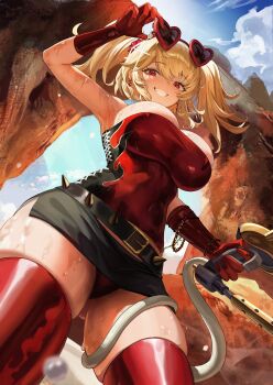 Rule 34 | 1girl, absurdres, alternate costume, belt, black belt, blonde hair, blue sky, breasts, burnice white, clenched teeth, cloud, cowboy shot, earrings, elbow gloves, eyewear on head, flamethrower, from below, gloves, hair between eyes, highres, holding, holding flamethrower, holding weapon, jewelry, large breasts, long hair, red eyes, red gloves, red thighhighs, samurai hongzao, sidelocks, sky, sleeveless, smile, spiked belt, sunglasses, sunlight, sweat, teeth, thighhighs, weapon, zenless zone zero