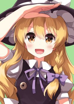 1girl :d arm_up black_hat black_vest blonde_hair blush bow braid collared_shirt commentary_request green_background hair_between_eyes hair_bow hat hat_bow highres kirisame_marisa long_hair looking_at_viewer neck_ribbon open_mouth purple_bow purple_ribbon ribbon ruu_(tksymkw) shirt short_sleeves simple_background smile solo touhou vest white_bow white_shirt witch_hat yellow_eyes