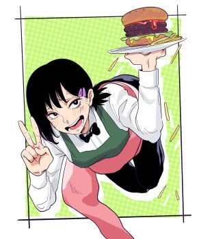 1girl apron black_bow black_bowtie black_hair bow bowtie burger carrying carrying_person chainsaw_devil chainsaw_man collared_shirt food french_fries green_apron greyscale hair_ornament hairclip higashiyama_kobeni highres holding holding_plate midair monochrome nervous plate ponytail shirt short_hair short_ponytail single_sidelock snot solo_focus ten_ten_10_10 tentacles two-tone_background v yellow_background
