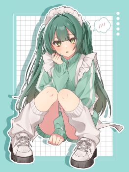 1girl absurdres apron aqua_border back_ribbon between_legs blunt_bangs border borrowed_character breasts commission dot_nose double-parted_bangs drop_shadow frilled_straps full_body green_hair green_track_suit grid_background hair_intakes hand_between_legs hand_up highres knees_together_feet_apart knees_up leg_warmers long_hair looking_at_viewer maid_apron maid_headdress o612o9 original outline parted_lips platform_shoes ribbon second-party_source shoes short_shorts shorts sitting skeb_commission sleeves_past_wrists small_breasts solo spoken_blush sweatdrop track_suit twintails very_long_hair waist_apron white_background white_leg_warmers white_outline white_ribbon white_shoes yellow_eyes zipper zipper_pull_tab