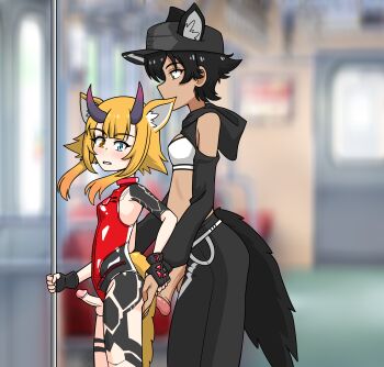 2futa absurdres anal_fingering animal_ears breasts choker clenched_teeth clothing_aside collar commission cropped_hoodie deuman erection fingering foreskin fox_ears fox_girl fox_tail futa_with_futa futanari grabbing_another&#039;s_ass grabbing_from_behind groping heterochromia highleg highleg_leotard highres holding_another&#039;s_wrist hood hoodie horns large_penis leotard loli macey molestation multiple_futa older_female_and_younger_female one-piece_swimsuit pants penis penis_out penis_size_difference phantasy_star phantasy_star_online_2 public_indecency sarayah size_difference small_breasts small_penis small_testicles sports_bra sweatpants swimsuit tail tattoo teeth testicles tomboy train train_interior unzipped wolf_ears wolf_girl wolf_tail yiku1707