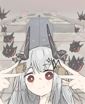 Rule 34 | 1girl, arknights, black horns, blush stickers, bright pupils, demon girl, demon horns, double v, grey hair, highres, holding, holding rock, horns, kuramidomoyasi, light blush, long hair, looking at viewer, mudrock (arknights), mudrock (elite ii) (arknights), muted color, originium (arknights), originium slug (arknights), orirock (arknights), pointy ears, red eyes, rock, smile, solo, split mouth, tile floor, tiles, upper body, v, white pupils