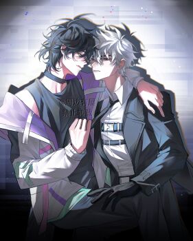 2boys alternate_costume antenna_hair arm_around_shoulder artist_name belt black_belt black_choker black_gloves black_hair black_jacket black_necktie black_pants black_tank_top cheng_xiaoshi chest_belt chinese_commentary choker closed_mouth clothes_grab collared_shirt gloves grey_eyes hair_between_eyes hand_on_another&#039;s_shoulder hand_on_another&#039;s_thigh highres jacket licking_lips long_sleeves looking_at_another looking_at_viewer lu_guang male_focus multicolored_jacket multiple_boys necktie necktie_grab neckwear_grab off_shoulder open_clothes open_jacket pants parted_lips ponytail profile purple_jacket shiguang_dailiren shirt short_hair short_ponytail single_bare_shoulder sitting sitting_on_lap sitting_on_person smile tank_top tongue tongue_out watermark white_hair white_jacket white_shirt yaoi yellow_eyes yi798513