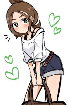 Rule 34 | 1girl, bag, bare shoulders, black shorts, blush, brown bag, brown eyes, brown hair, closed mouth, commentary, eyelashes, harmony (pokemon), heart, highres, hirasaki 0617, holding, holding bag, looking at viewer, nintendo, pokemon, pokemon legends: z-a, shirt, short hair, shorts, solo, white background, white shirt