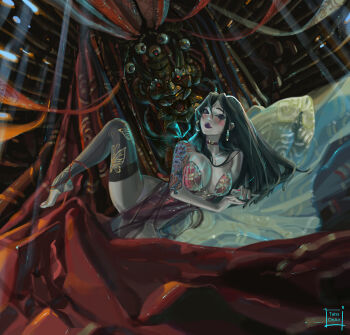 1girl artist_name ass black_hair blush breasts choker closed_mouth commentary covered_navel curvy dutch_angle earrings english_commentary highleg highleg_leotard highres jewelry large_breasts leotard long_hair looking_at_viewer lying marvel marvel_rivals nail_polish on_side paid_reward_available psylocke purple_eyes purple_lips solo spread_legs tatti_art thighhighs thong_leotard variant_set wide_hips