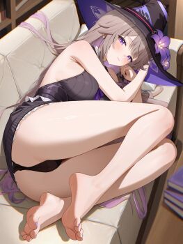 1girl armpit_crease ascot backless_dress backless_outfit bare_arms bare_legs bare_shoulders barefoot black_dress black_hat black_panties blush breasts brown_hair commentary_request couch dress feet fetal_position flower hat hat_flower herta_(honkai:_star_rail) highres honkai:_star_rail honkai_(series) indoors large_breasts legs long_hair looking_at_viewer lying nail_polish on_couch on_side panties purple_eyes purple_flower purple_nails radoremo sideboob sleeveless sleeveless_dress soles solo the_herta_(honkai:_star_rail) thighs toenail_polish toenails toes underwear very_long_hair white_ascot witch_hat