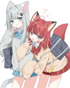 Rule 34 | ahoge, akami karubi, animal ears, bag, blue bow, blue eyes, blue skirt, blush, bow, cat ears, cat girl, cat hair ornament, cat tail, dyed ahoge, fangs, grey hair, grey sweater, hair ornament, highres, indie virtual youtuber, nachoneko, open mouth, raccoon girl, red bow, red hair, red skirt, school bag, sentouryoku 5, shirt, skirt, sleeves past fingers, sleeves past wrists, sweater, tail, virtual youtuber, white background, white shirt, yellow eyes