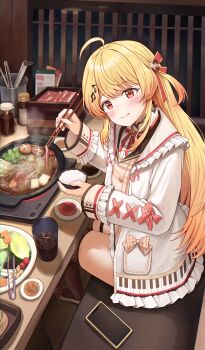 1girl :t absurdres ahoge blonde_hair bow cellphone chopsticks commentary_request drink eating food fortissimo frilled_sleeves frills from_side gradient_hair hair_ornament highres holding holding_chopsticks hololive indoors jacket khan_0204 light_blush long_hair long_sleeves looking_at_viewer multicolored_hair musical_note musical_note_hair_ornament orange_eyes otonose_kanade otonose_kanade_(1st_costume) phone puffy_sleeves red_bow sitting smartphone steaming_food thighhighs turning_head virtual_youtuber