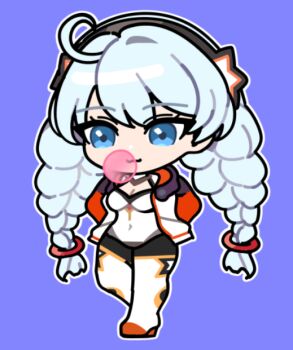 1girl :3 ahoge blue_eyes bodysuit braid breasts cleavage cleavage_cutout closed_mouth clothing_cutout commentary english_commentary full_body gimnang honkai_(series) honkai_impact_3rd jacket kiana_kaslana kiana_kaslana_(white_comet) long_hair outline purple_background simple_background solo twin_braids white_bodysuit white_hair white_jacket white_outline