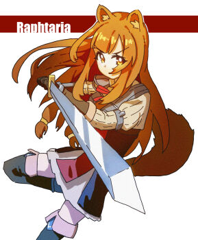 1girl alternate_eye_color animal_ear_fluff animal_ears armor black_dress blunt_bangs boots breastplate breasts brown_boots brown_gloves brown_hair character_name commentary_request dress elbow_gloves eyelashes floating_hair foot_out_of_frame gloves grey_armor highres holding holding_sword holding_weapon layered_dress long_hair long_sleeves looking_at_viewer medium_breasts metal_arm_cuffs metal_hair_tubes metal_wrist_cuffs neck_ribbon parted_lips pauldrons pinstripe_dress pinstripe_pattern raccoon_ears raccoon_girl raccoon_tail raphtalia red_background red_dress red_ribbon ribbon short_dress shoulder_armor single_pauldron sleeveless sleeveless_dress solo straight_hair sturm_(sutsurumu) sword tail tate_no_yuusha_no_nariagari thigh_boots two-tone_background two-tone_dress v-shaped_eyebrows weapon white_background white_dress