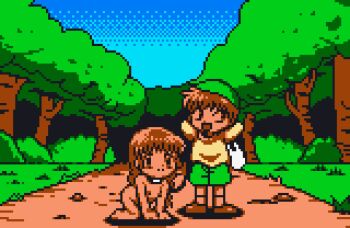 1boy 1girl all_fours arms_behind_head arms_up bag barefoot bitch_taken_for_walk brown_eyes brown_hair brown_shoes bush clothed_male_nude_female collar flat_chest forest grass green_headscarf green_shorts headscarf kukuri_(mahoujin_guruguru) leash loli long_hair long_sleeves looking_at_viewer looking_to_the_side mahoujin_guruguru nature nike_(mahoujin_guruguru) nipples nude open_mouth pet_play pixel_art road saiwai_hiroshi shirt shoes short_hair shorts shota sky smile standing tree yellow_shirt